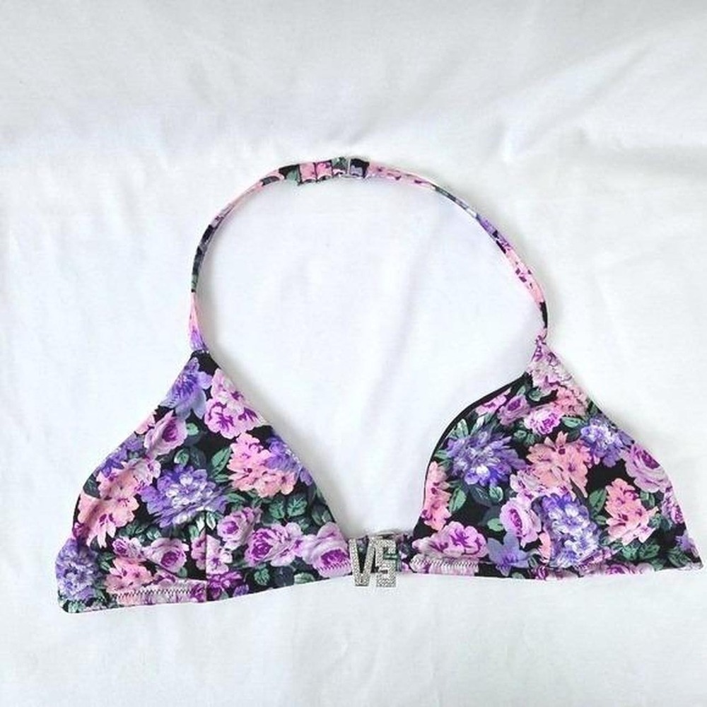 Victoria's Secret Swim Purple Floral VS Rhinestone Bikini Halter Top Medium 34C